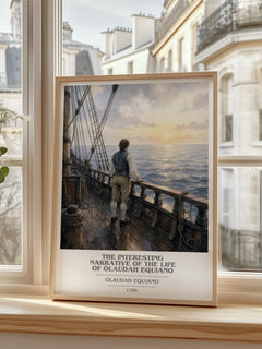 The Interesting Narrative of the Life of Olaudah Equiano book cover print in frame leaning in hallway – memoir wall art