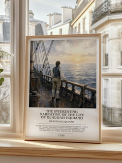 The Interesting Narrative of the Life of Olaudah Equiano bookish print in frame leaning in hallway – memoir wall art