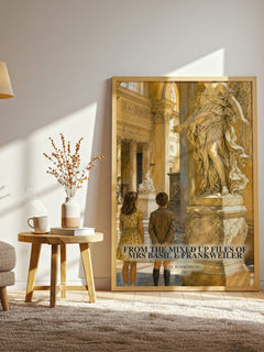 From The Mixed Up Files Of Mrs Basil E Frankweiler watercolour print in frame leaning in hallway – childrens wall art