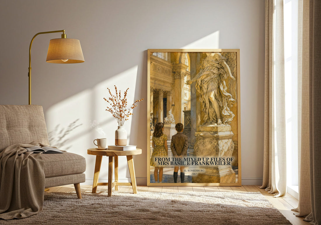 From The Mixed Up Files Of Mrs Basil E Frankweiler watercolour print in frame leaning in hallway – childrens wall art