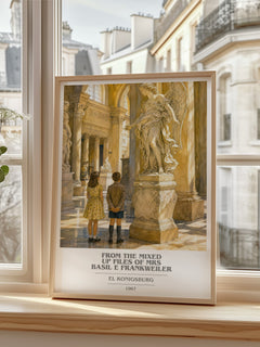 From The Mixed Up Files Of Mrs Basil E Frankweiler book cover print in frame leaning in hallway – childrens wall art