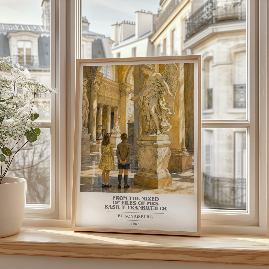 From The Mixed Up Files Of Mrs Basil E Frankweiler book cover print in frame leaning in hallway – childrens wall art