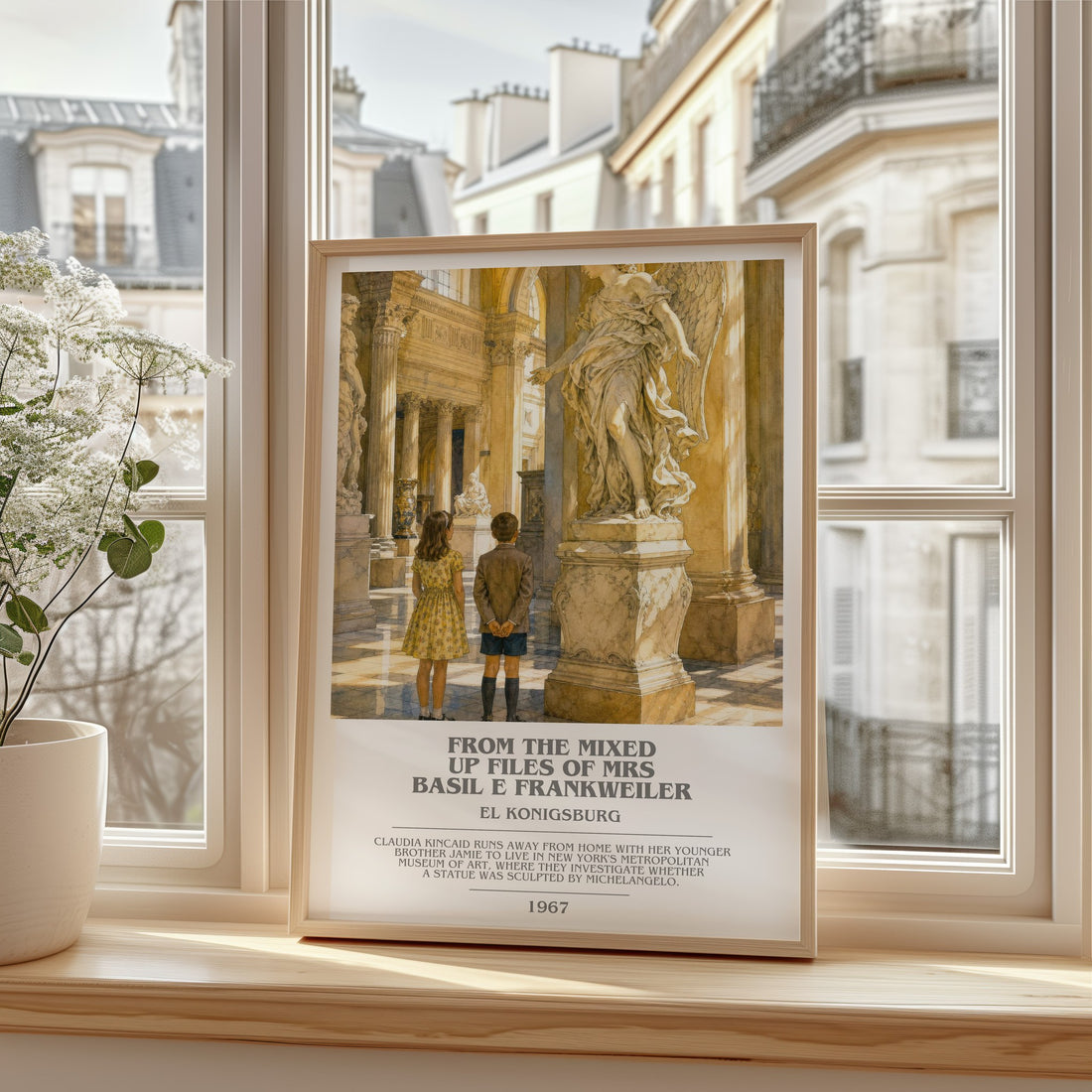 From The Mixed Up Files Of Mrs Basil E Frankweiler bookish print in frame leaning in hallway – childrens wall art