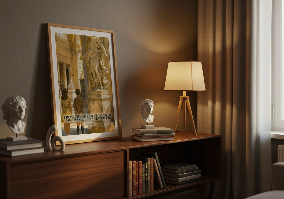 From The Mixed Up Files Of Mrs Basil E Frankweiler watercolour print on bookshelf – EL Konigsburg fan gift