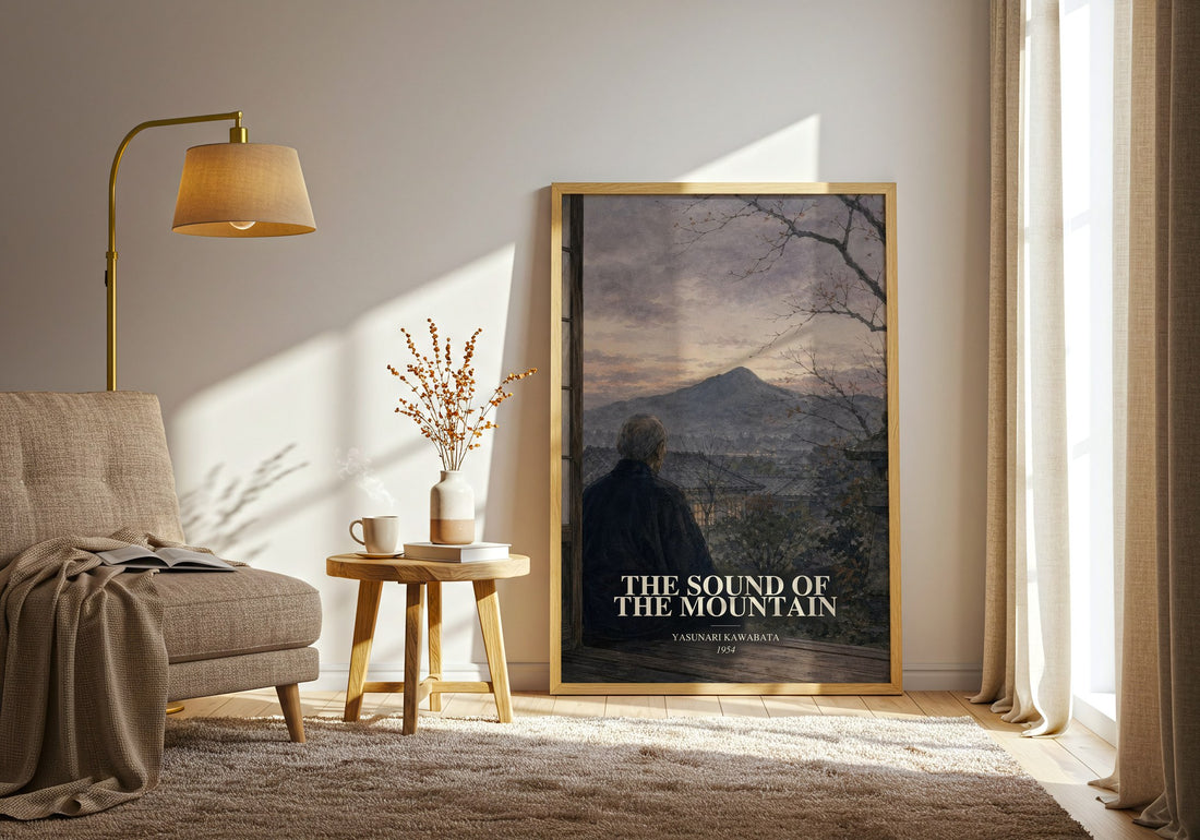 The Sound of the Mountain watercolour print in frame leaning in hallway – literary fiction wall art
