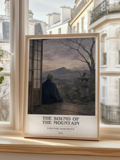 The Sound of the Mountain book cover print in frame leaning in hallway – literary fiction wall art