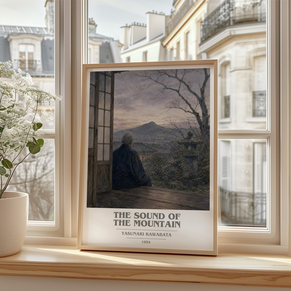 The Sound of the Mountain book cover print in frame leaning in hallway – literary fiction wall art