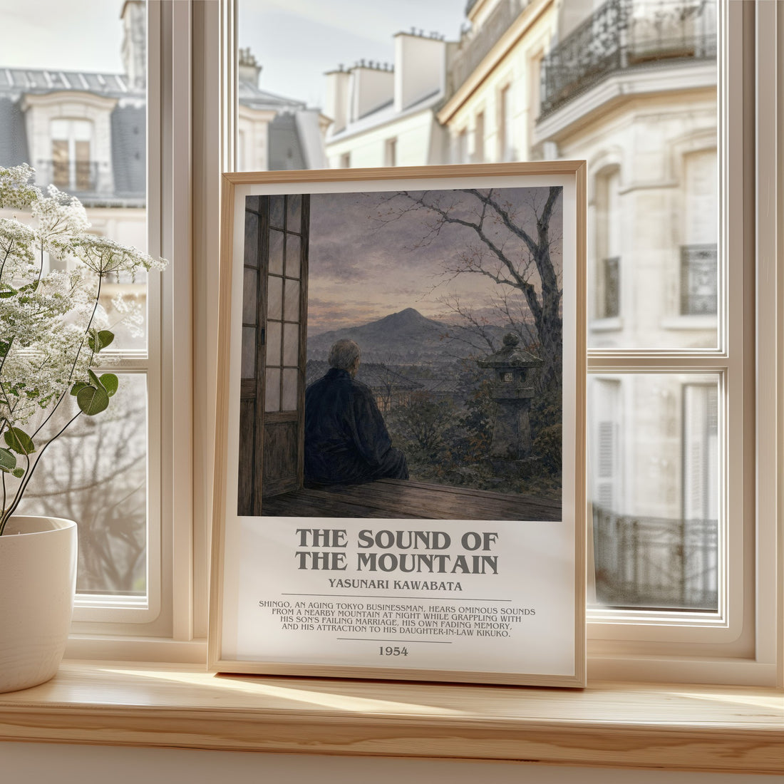The Sound of the Mountain bookish print in frame leaning in hallway – literary fiction wall art