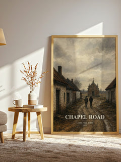 Chapel Road watercolour print in frame leaning in hallway – literary fiction wall art