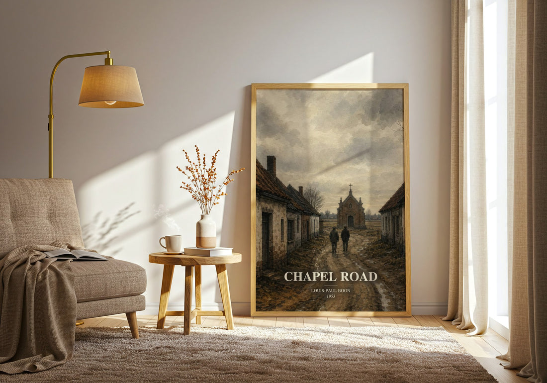Chapel Road watercolour print in frame leaning in hallway – literary fiction wall art