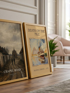 Chapel Road watercolour print framed by window – literary home decor