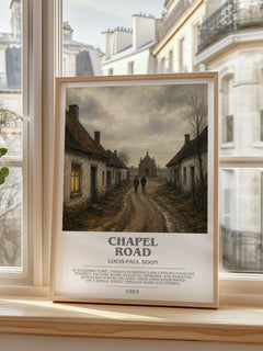 Chapel Road bookish print in frame leaning in hallway – literary fiction wall art