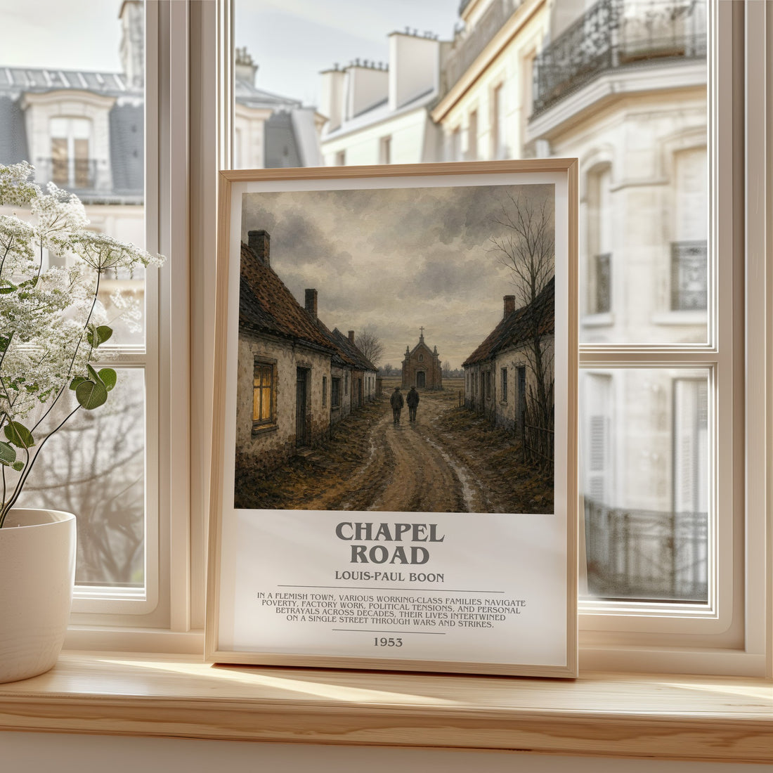 Chapel Road bookish print in frame leaning in hallway – literary fiction wall art