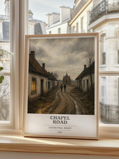 Chapel Road book cover print in frame leaning in hallway – literary fiction wall art