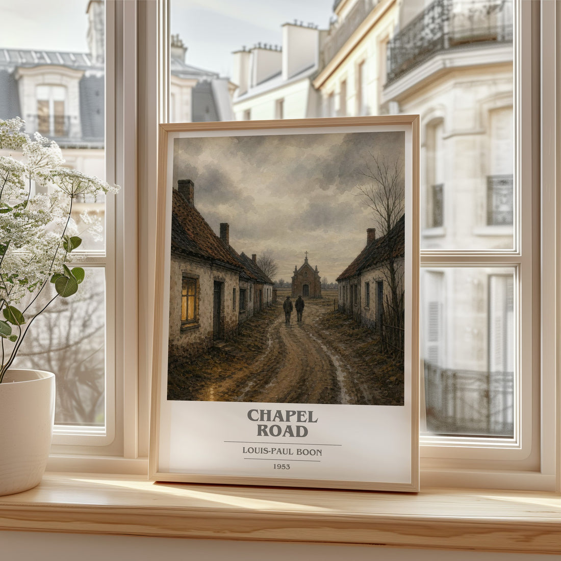 Chapel Road book cover print in frame leaning in hallway – literary fiction wall art