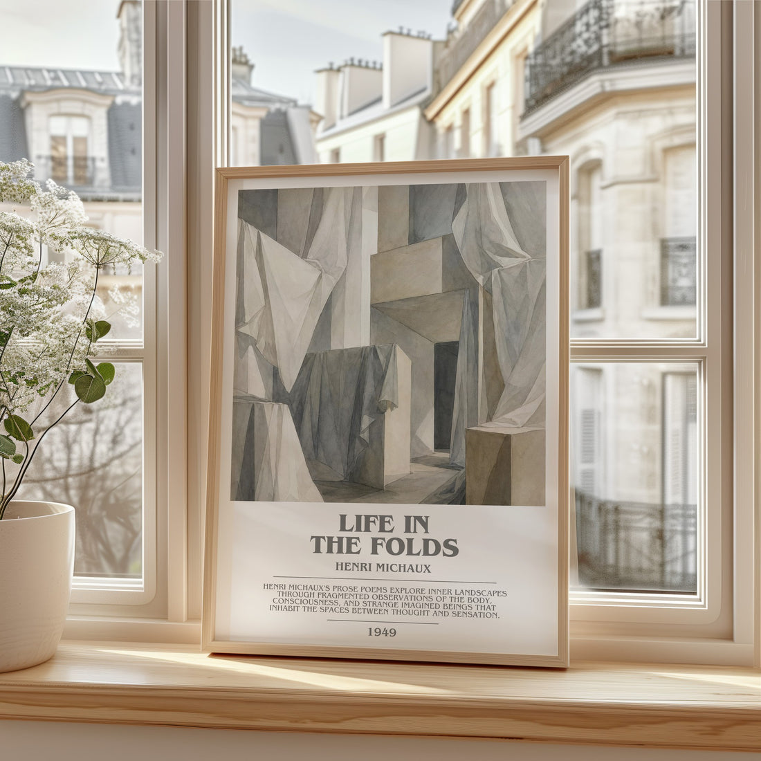 Life In The Folds bookish print in frame leaning in hallway – poetry wall art