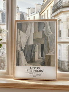 Life In The Folds book cover print in frame leaning in hallway – poetry wall art