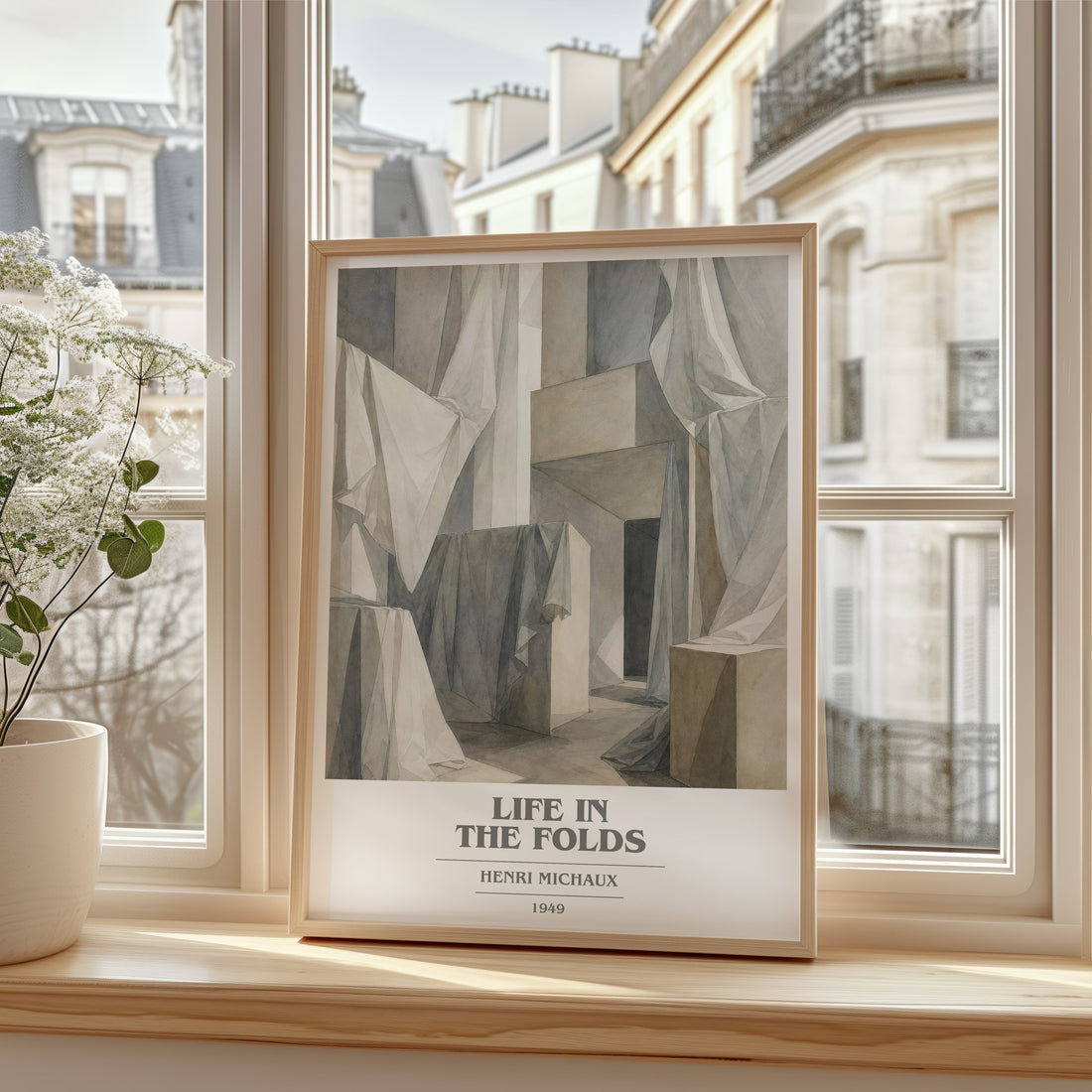 Life In The Folds book cover print in frame leaning in hallway – poetry wall art