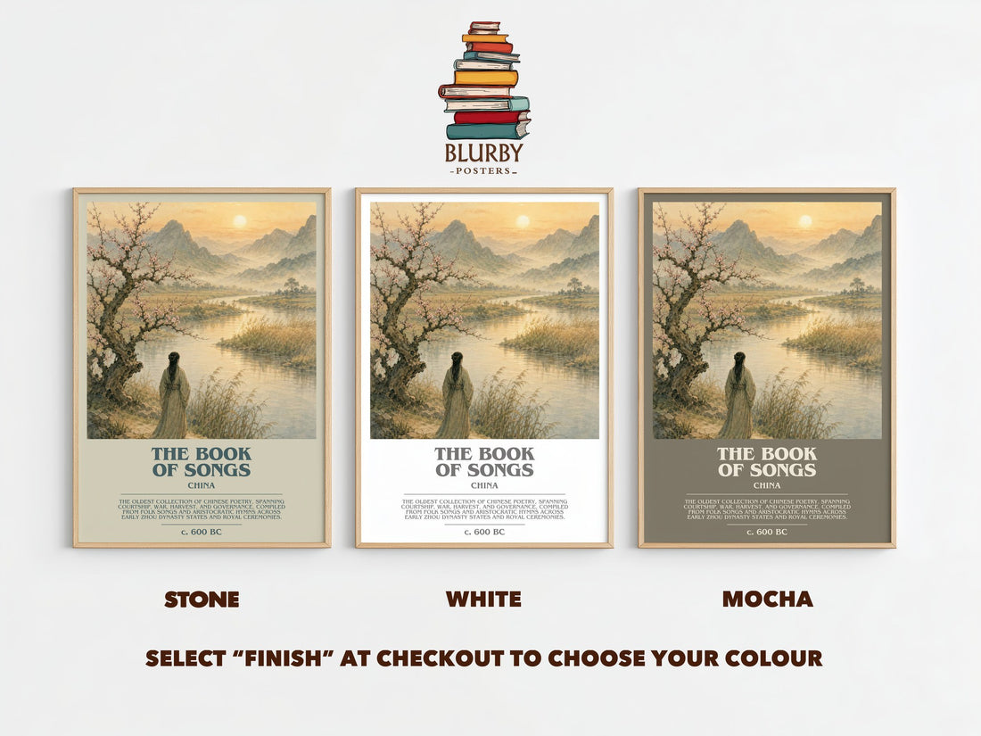 The Book of Songs bookish print framed by window – Stone, White and Mocha side by side – choose your colour