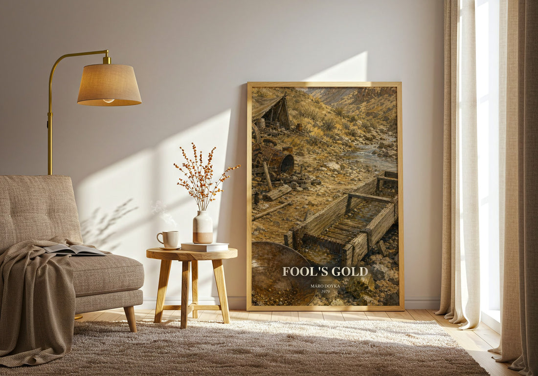 Fool's Gold watercolour print in frame leaning in hallway – literary fiction wall art