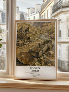 Fool's Gold book cover print in frame leaning in hallway – literary fiction wall art