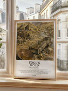 Fool's Gold bookish print in frame leaning in hallway – literary fiction wall art