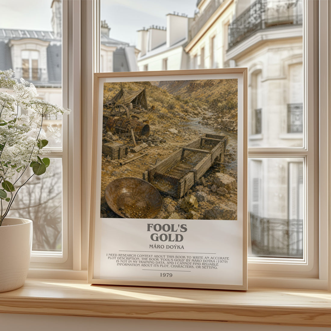 Fool's Gold bookish print in frame leaning in hallway – literary fiction wall art