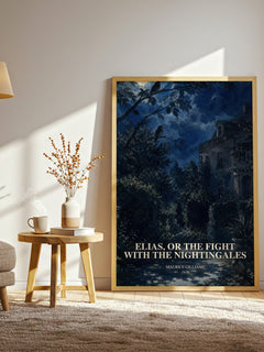 Elias, Or The Fight With The Nightingales watercolour print in frame leaning in hallway – literary fiction wall art