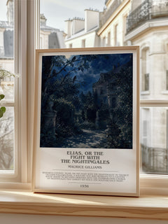 Elias, Or The Fight With The Nightingales bookish print in frame leaning in hallway – literary fiction wall art