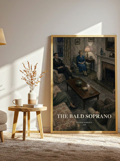 The Bald Soprano watercolour print in frame leaning in hallway – literary fiction wall art