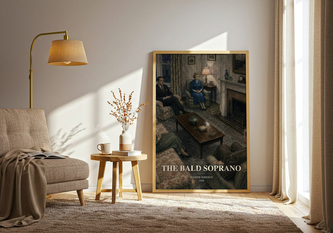 The Bald Soprano watercolour print in frame leaning in hallway – literary fiction wall art