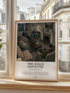 The Bald Soprano bookish print in frame leaning in hallway – literary fiction wall art
