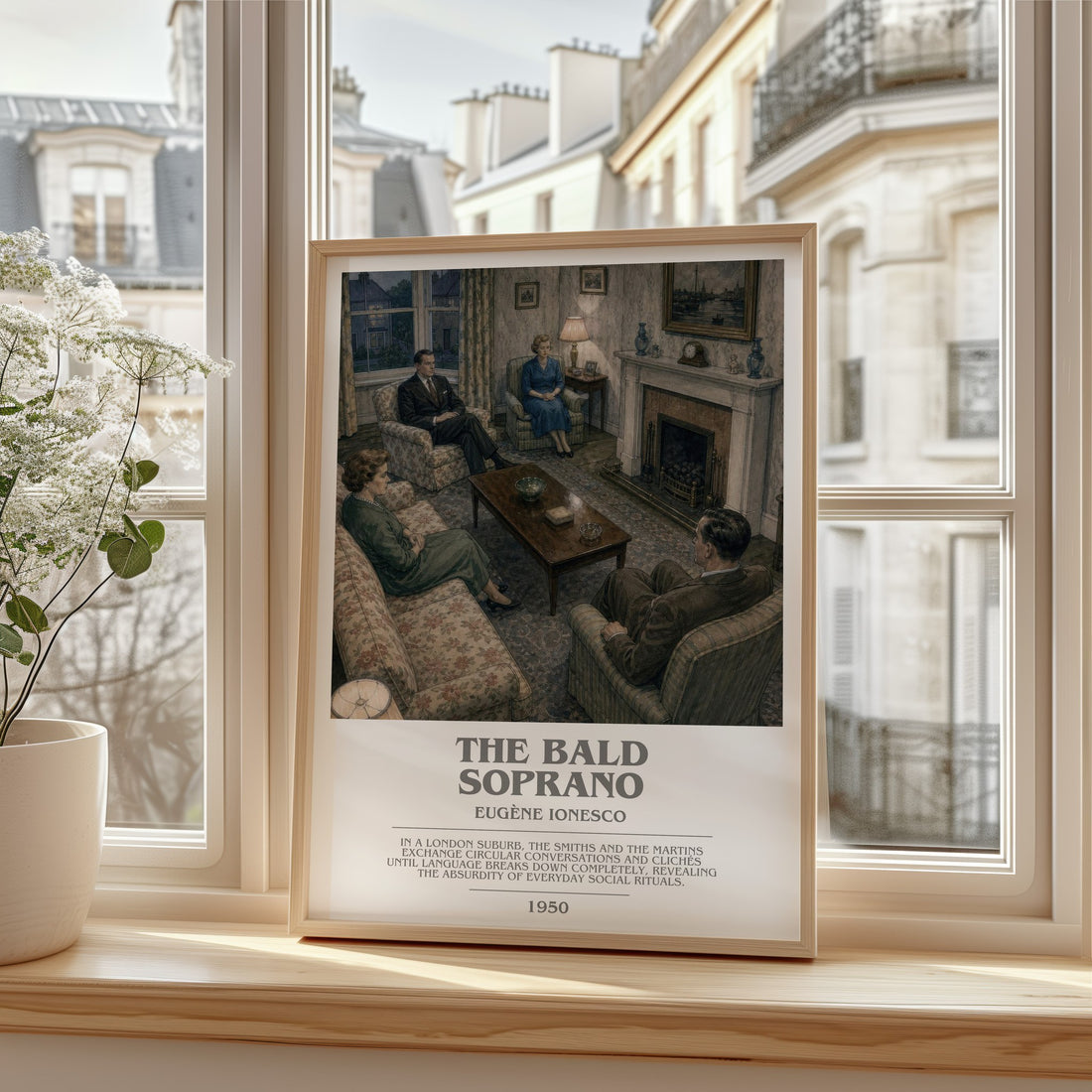 The Bald Soprano bookish print in frame leaning in hallway – literary fiction wall art