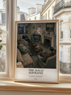 The Bald Soprano book cover print in frame leaning in hallway – literary fiction wall art