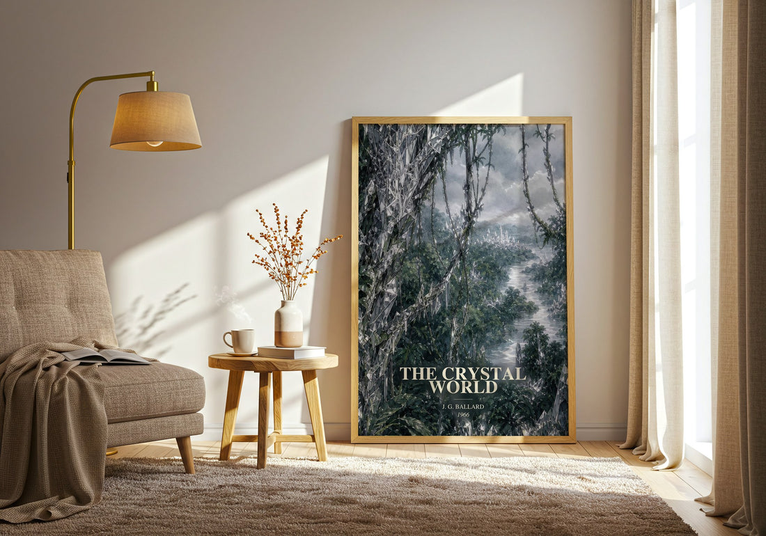 The Crystal World watercolour print in frame leaning in hallway – sci fi wall art