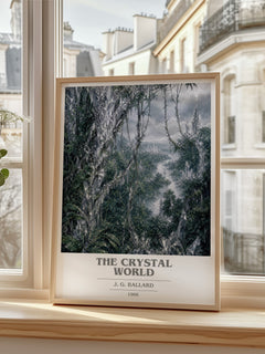 The Crystal World book cover print in frame leaning in hallway – sci fi wall art