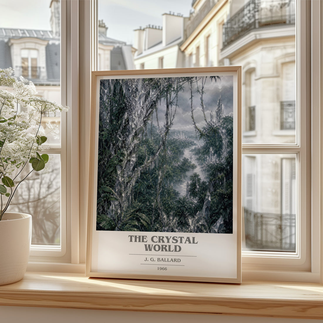 The Crystal World book cover print in frame leaning in hallway – sci fi wall art