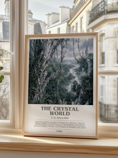 The Crystal World bookish print in frame leaning in hallway – sci fi wall art