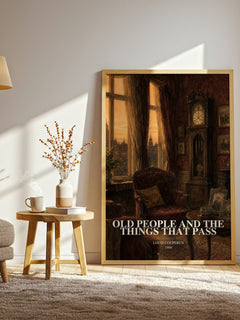 Old People And The Things That Pass watercolour print in frame leaning in hallway – literary fiction wall art