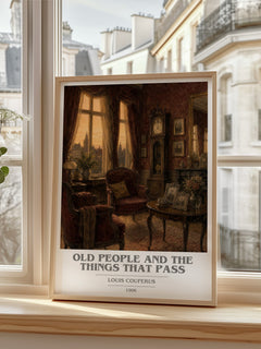 Old People And The Things That Pass book cover print in frame leaning in hallway – literary fiction wall art