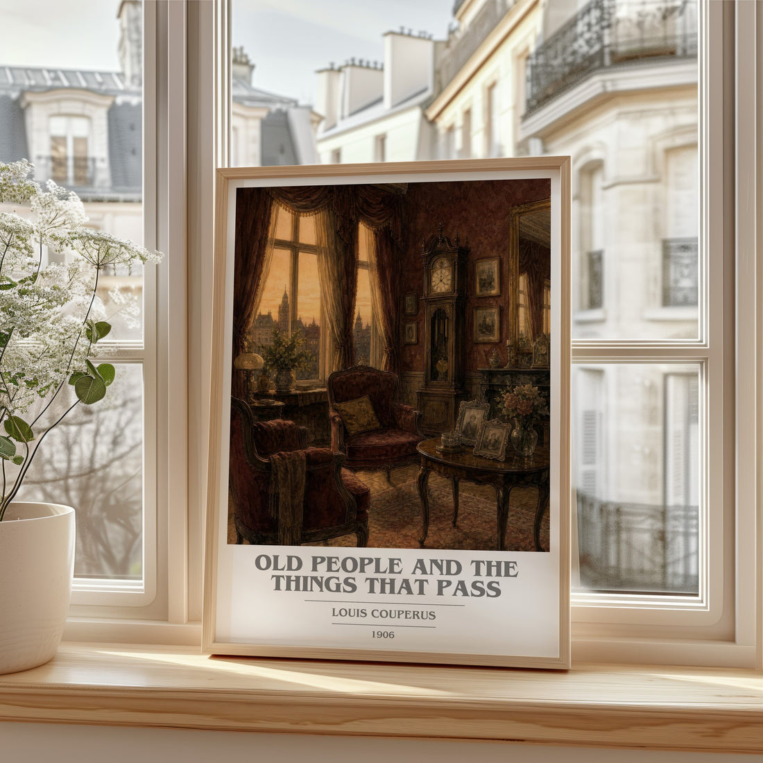 Old People And The Things That Pass book cover print in frame leaning in hallway – literary fiction wall art