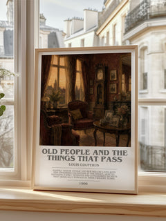 Old People And The Things That Pass bookish print in frame leaning in hallway – literary fiction wall art