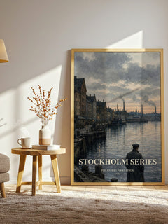 Stockholm series watercolour print in frame leaning in hallway – historical fiction wall art