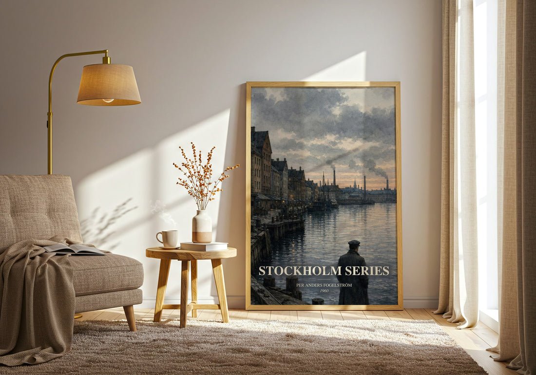 Stockholm series watercolour print in frame leaning in hallway – historical fiction wall art