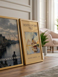 Stockholm series watercolour print framed by window – literary home decor