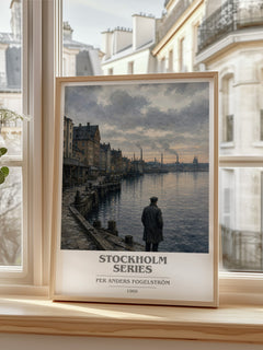 Stockholm series book cover print in frame leaning in hallway – historical fiction wall art