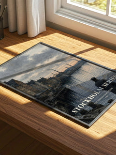 Stockholm series watercolour book poster framed on wall – historical fiction wall art