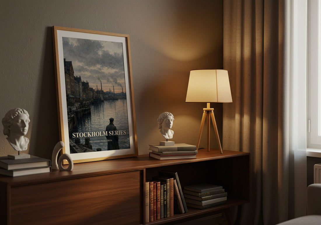 Stockholm series watercolour print on bookshelf – Per Anders Fogelström fan gift