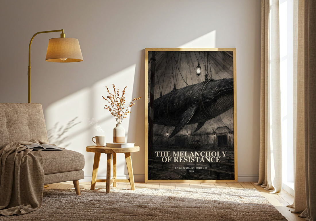 The Melancholy of Resistance watercolour print in frame leaning in hallway – literary fiction wall art