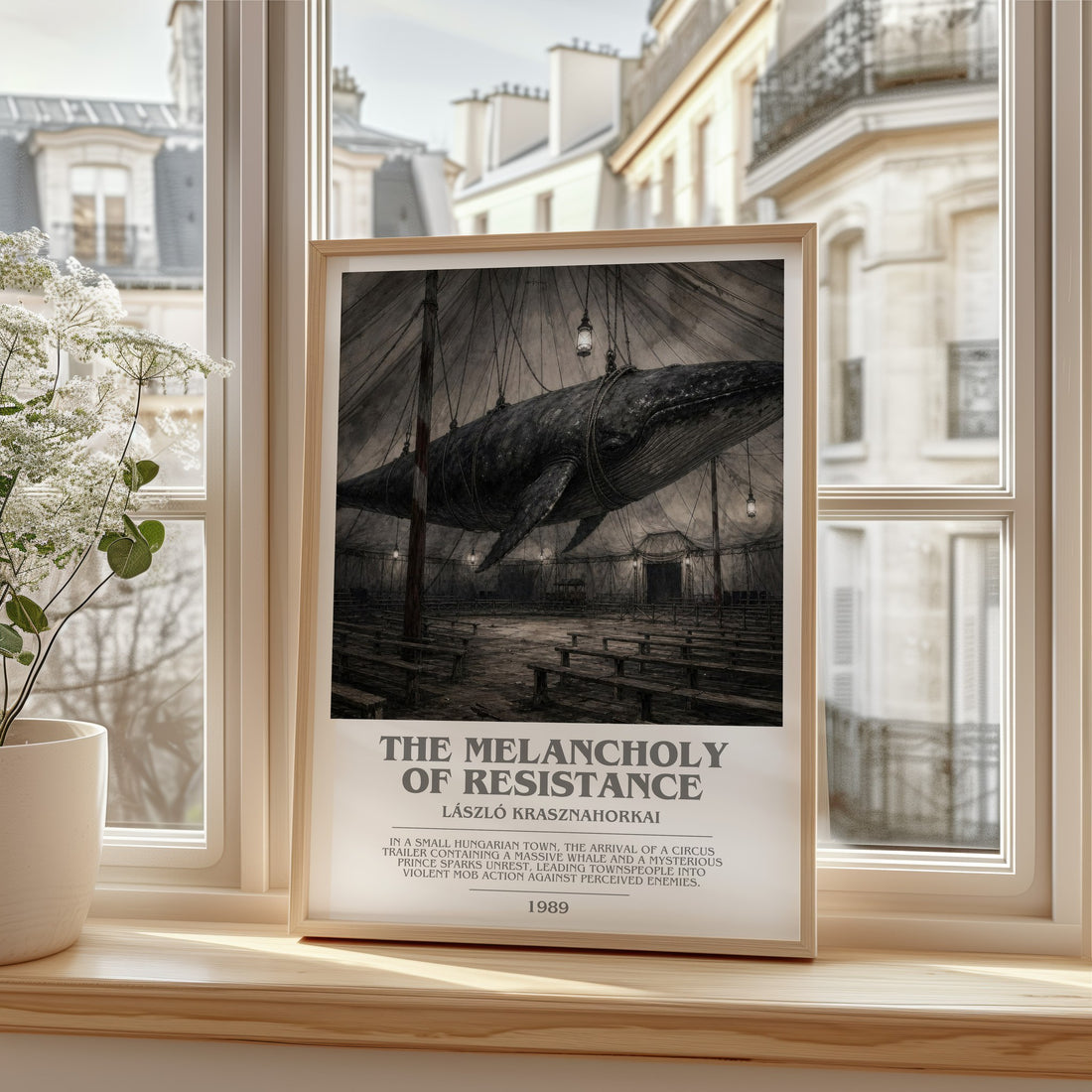 The Melancholy of Resistance bookish print in frame leaning in hallway – literary fiction wall art